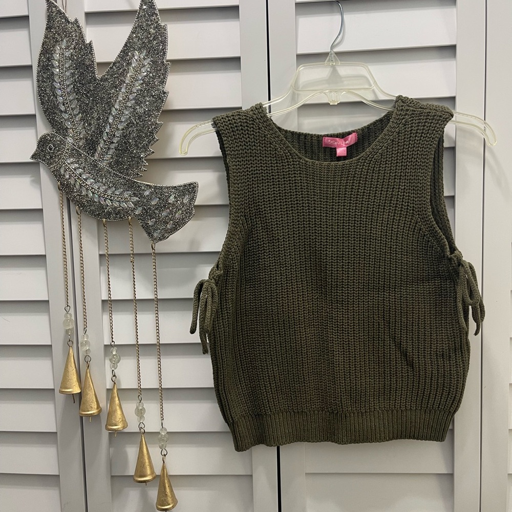 Girls Olive Knit Sleeveless Sweater Vest with Side Tie Detail